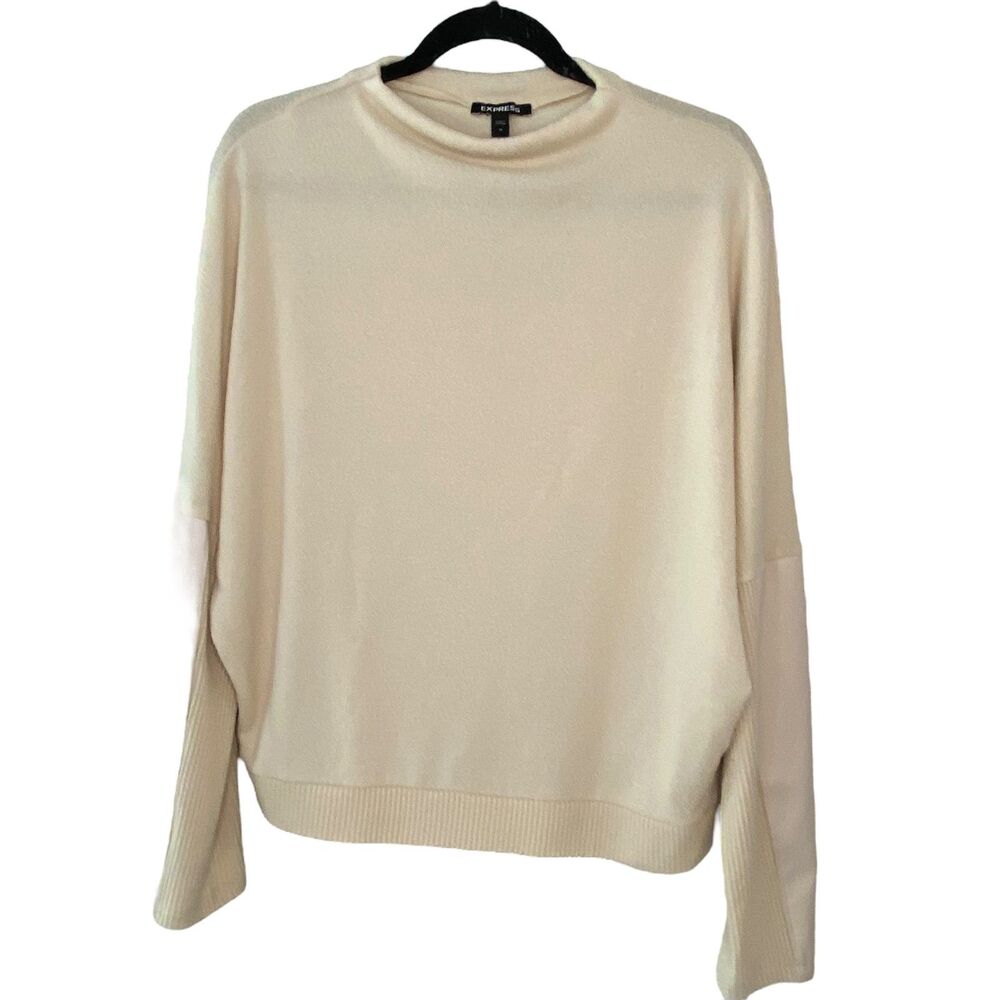 Express Women Cozy Mock Neck Faux Leather Long Sleeves Cream Sweater Medium - Picture 2 of 11